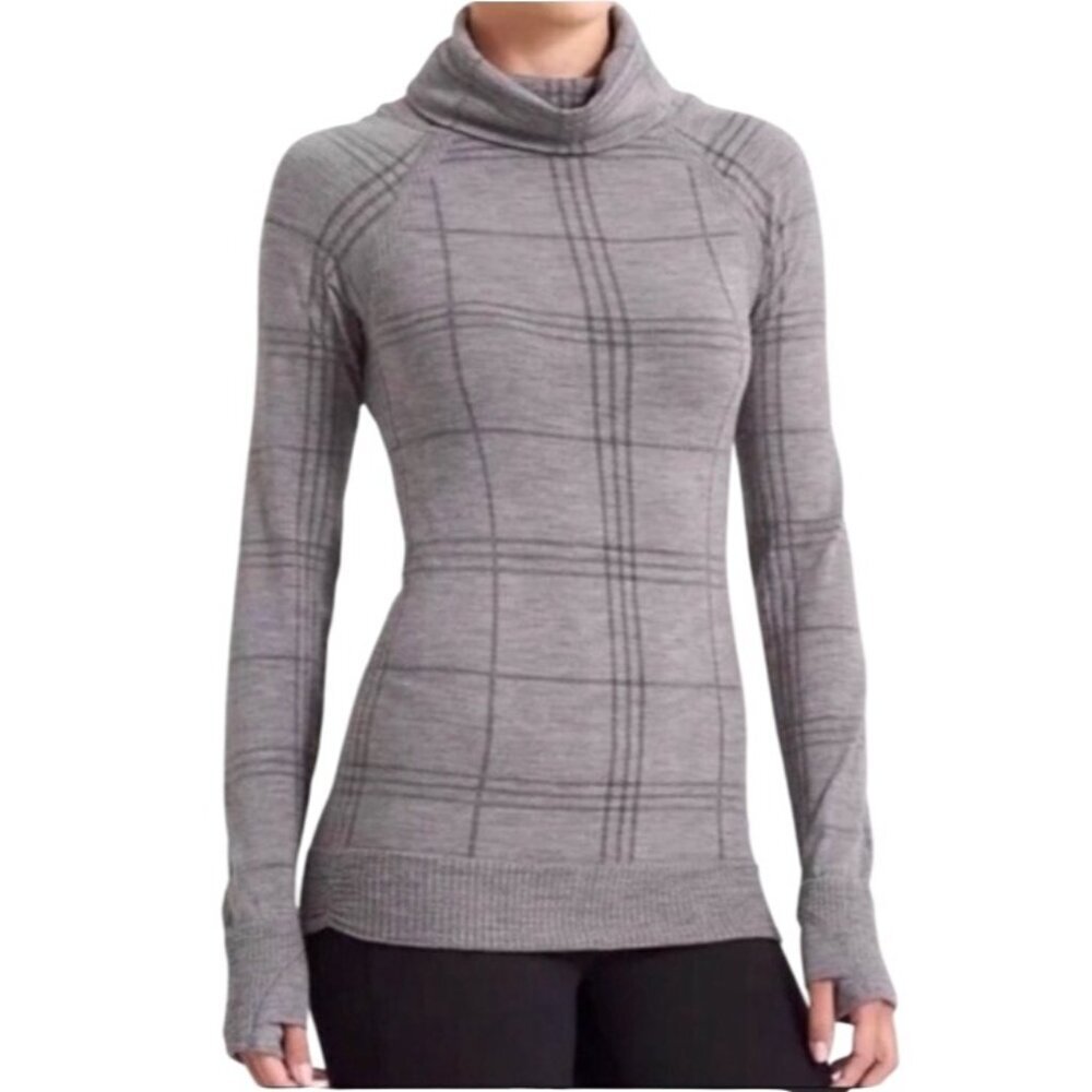 Athleta Remarkawool Cowl Neck Top base layer XL Gray Plaid outdoor active